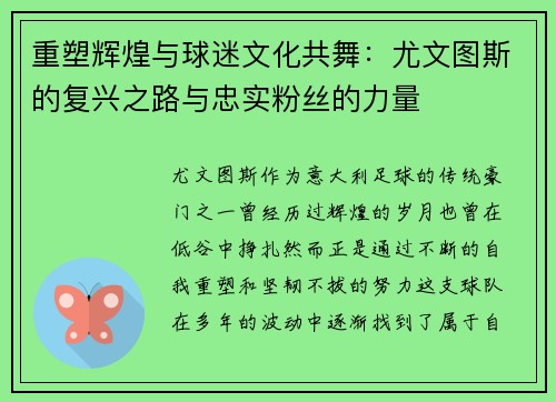 重塑辉煌与球迷文化共舞：尤文图斯的复兴之路与忠实粉丝的力量