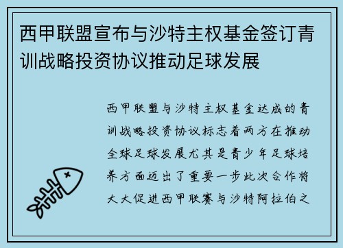 西甲联盟宣布与沙特主权基金签订青训战略投资协议推动足球发展 西甲联盟宣布与沙特主权基金签订青训战略投资协议推动足球发展