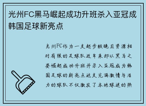 光州FC黑马崛起成功升班杀入亚冠成韩国足球新亮点