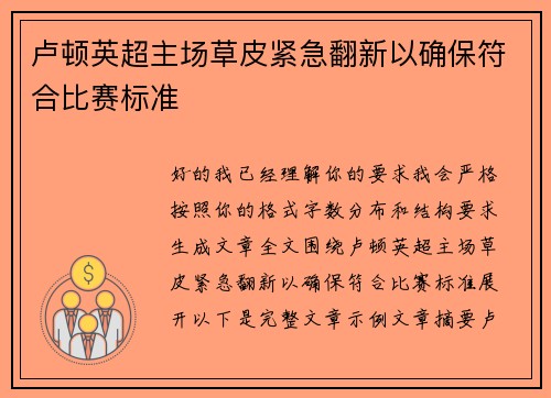 卢顿英超主场草皮紧急翻新以确保符合比赛标准