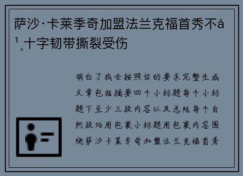 萨沙·卡莱季奇加盟法兰克福首秀不幸十字韧带撕裂受伤